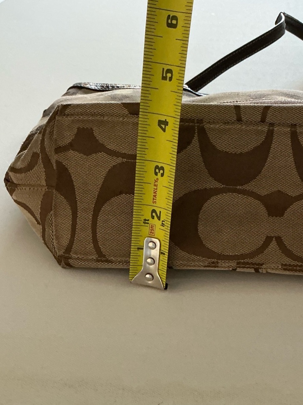 Coach Signature C Stripe Canvas Tote Shoulder Bag Brown Leather Trim Zip Top - Picture 5 of 12